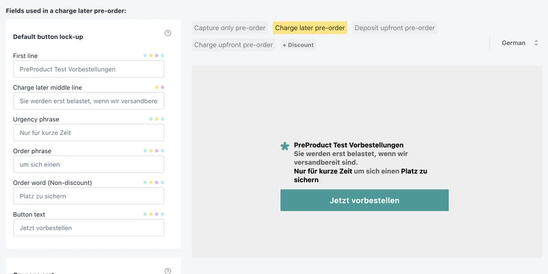 PreProduct&rsquo;s Front-end Wording screen with German selected in the language dropdown: the default button lock-up&rsquo;s fields filled in in German down the left, and a preview reading &ldquo;Sie werden erst belastet, wenn wir versandbereit sind. Nur f&uuml;r kurze Zeit&rdquo; above a Jetzt vorbestellen button.