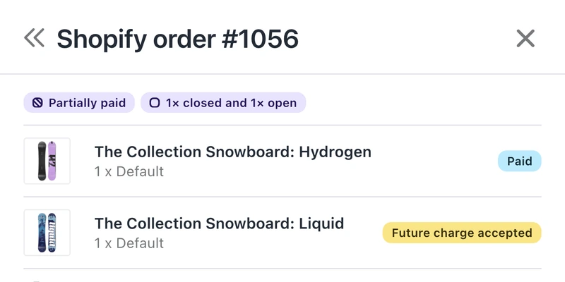 A Shopify order marked partially paid in PreProduct, one snowboard line paid and the other showing Future charge accepted against a vaulted card.