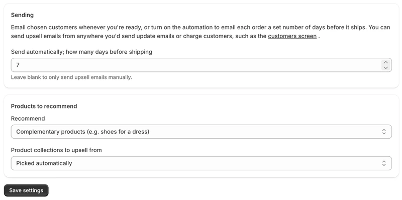 The PreProduct pre-ship upsells settings, sending upsell emails automatically seven days before each order ships and recommending complementary products from automatically picked collections.
