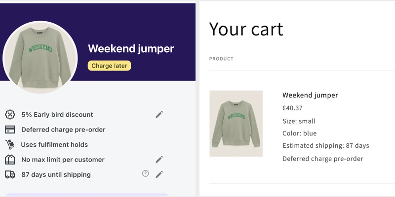 A charge-later PreProduct listing showing a 5% early bird discount among its settings, beside the storefront cart where the same pre-order line reads &pound;40.37.