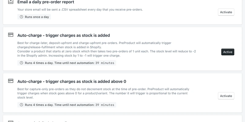 The PreProduct automations screen, with the auto-charge as stock is added automation marked Active between two automations still offering an Activate button.