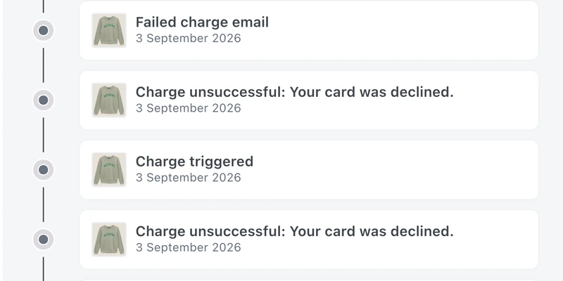 The event history on a PreProduct customer profile: a failed charge email above two declined charge attempts and the retries that triggered them.