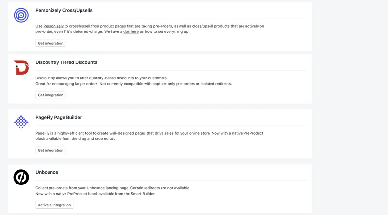 Four integration cards on PreProduct's integrations screen, each with its logo and a line on what it does: Personizely cross-sells and upsells, Discountly tiered discounts, the PageFly page builder and Unbounce landing pages.