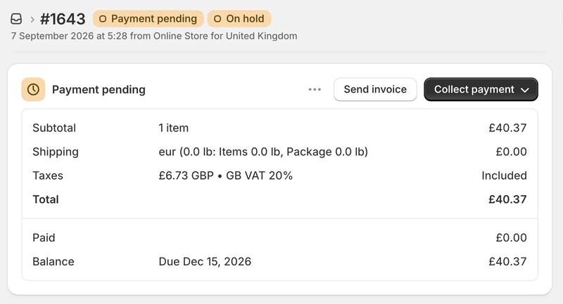 A Shopify order headed by its payment pending and on hold status pills, its payment card showing nothing paid yet and the balance due in December.
