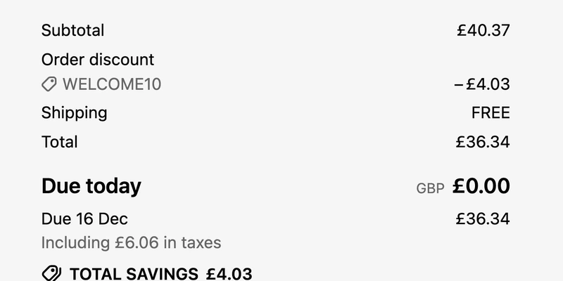 A pre-order's Shopify checkout summary with an order discount applied by code, a resolved shipping rate and tax included, above a due today of zero and the discounted balance due in December.