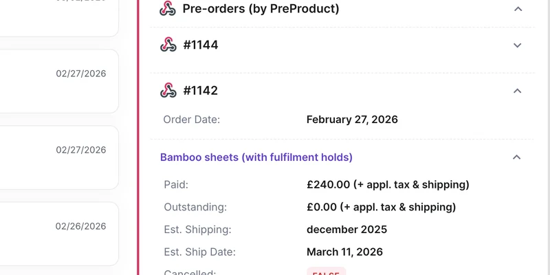 The Pre-orders by PreProduct panel in a Gorgias sidebar, listing a customer's pre-order with its order date, the amount paid, the amount outstanding, the estimated shipping and the estimated ship date, beside the Gorgias order list it sits next to.