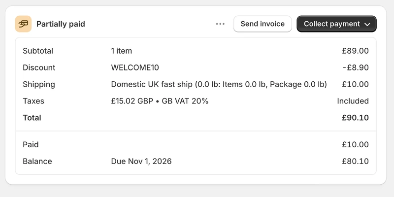 The payment card on a Shopify order badged partially paid, its deposit of ten pounds recorded as paid and the remaining balance shown as due on 1 November.