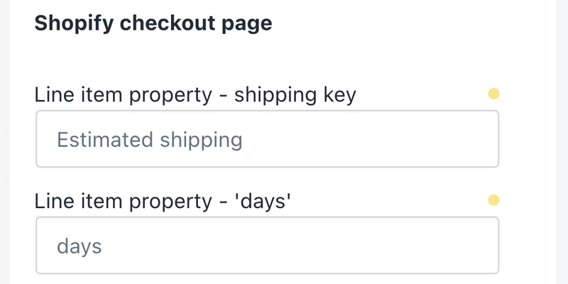 PreProduct's checkout wording settings, with the editable line-item property key that writes estimated shipping onto the order line and the editable word used for days beneath it.