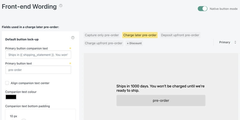 PreProduct's front-end wording screen with native button mode switched on, its editable primary button text and companion text fields beside a live preview of the pre-order button and the lead-time line above it.